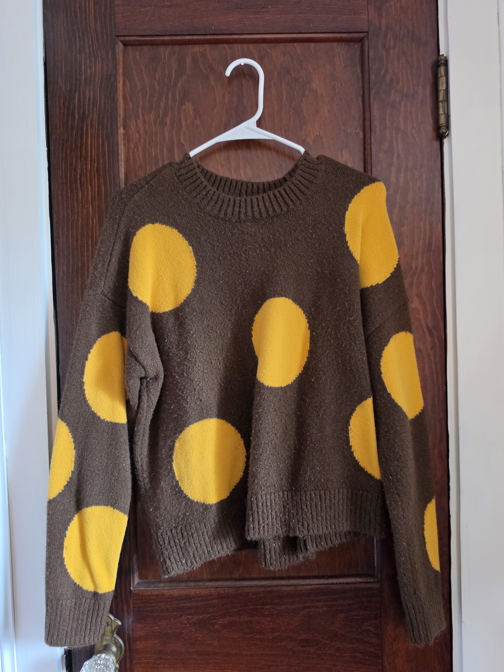 Chelsea & Theodore Brown Crewneck Sweater with Yellow Polka Dots